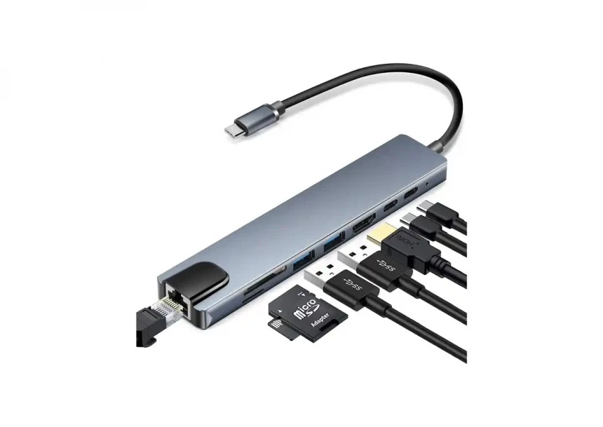 Adapter konverter Tip C- HDMI/2xUSB 3.0/TF/SD/2xTip C/RJ45 Linkom