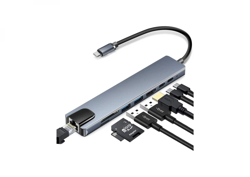 Adapter-konvertor TIP C na HDMI+2xUSB 3.0+TF/SD+2xTIP C+RJ45 