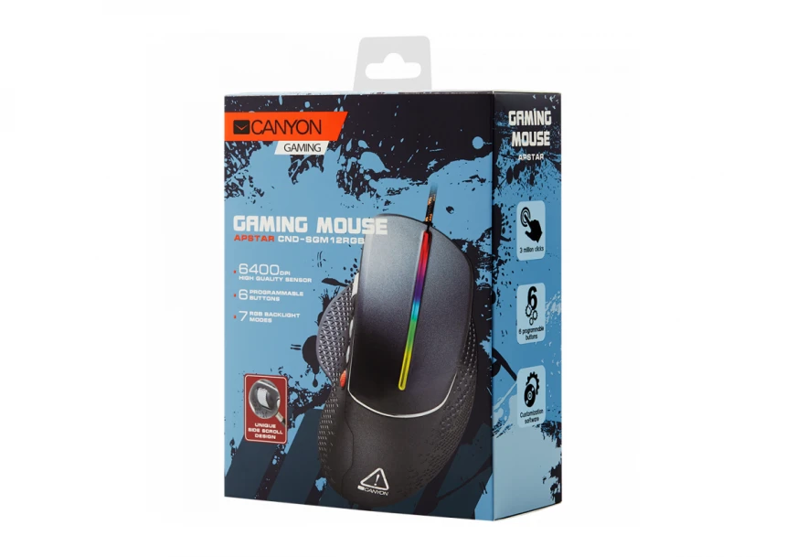 CANYON Apstar GM-12, Wired High-end Gaming Mouse with 6 programmable buttons, sunplus optical sensor, 6 levels of DPI and up to 6400, 2 million times key life, 1.65m Braided USB cable,Matt UV coating surface and RGB lights with 7 LED flowing mode, si