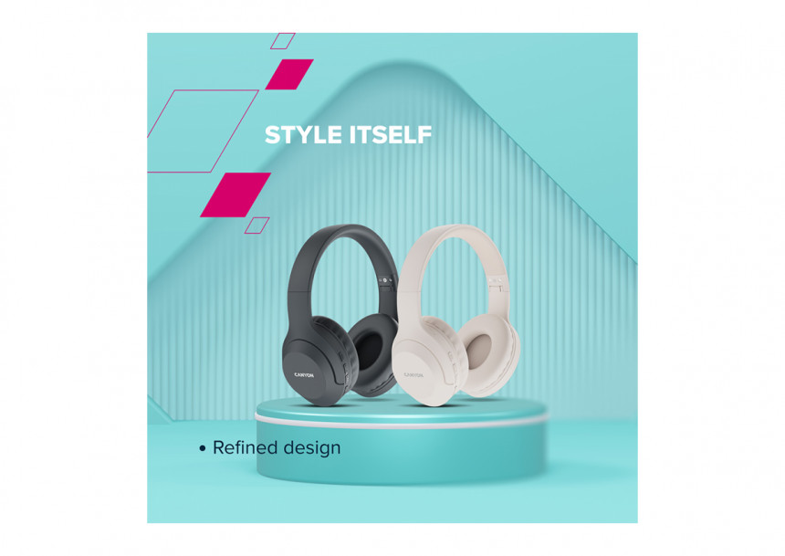 CANYON BTHS-3, Bluetooth headset,with microphone, BT V5.1 JL6956, battery 300mAh, Type-C charging plug, PU material, size:168*190*78mm, charging cable 30cm and audio cable 100cm, Beige