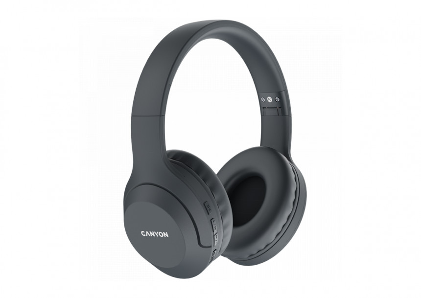 CANYON BTHS-3, Canyon Bluetooth headset,with microphone, BT V5.1 JL6956, battery 300mAh, Type-C charging plug, PU material, size:168*190*78mm, charging cable 30cm and audio cable 100cm, Dark grey