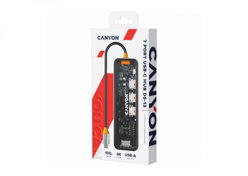 CANYON DS-13, USB-hub, Size: 137.9mm*42.7mm*15mm Weight: 167.5gCable length: 155mm Material: Zinc alloy+Tempered glass+TPE Port: Type-C To USB3.0*3(5Gbps)+SD/TF 3.0(5Gbps)+HDMI(4K@30Hz),Space Grey