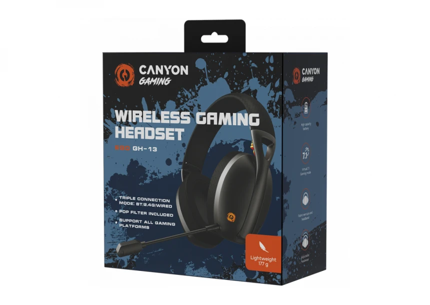 CANYON Ego GH-13, Gaming BT headset, +virtual 7.1 support in 2.4G mode, with chipset BK3288X, BT version 5.2, cable 1.8M, size: 198x184x79mm, Black