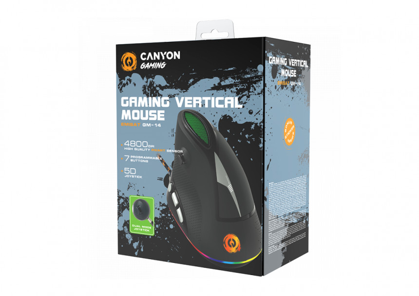 CANYON Emisat GM-14, Wired Vertical Gaming Mouse with 7 programmable buttons, Pixart optical sensor, 6 levels of DPI and up to 4800, 2 million times key life, 1.65m Braided USB cable,rubber coating surface and colorful RGB lights, size:106*72*84mm, 1