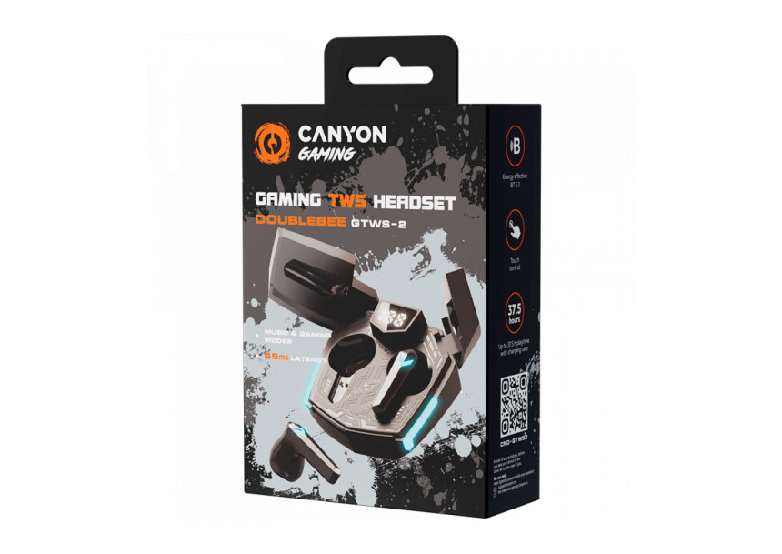 CANYON GTWS-2, Gaming True Wireless Headset, BT 5.3 stereo, 45ms low latency, 37.5 hours, USB-C, 0.046kg, black