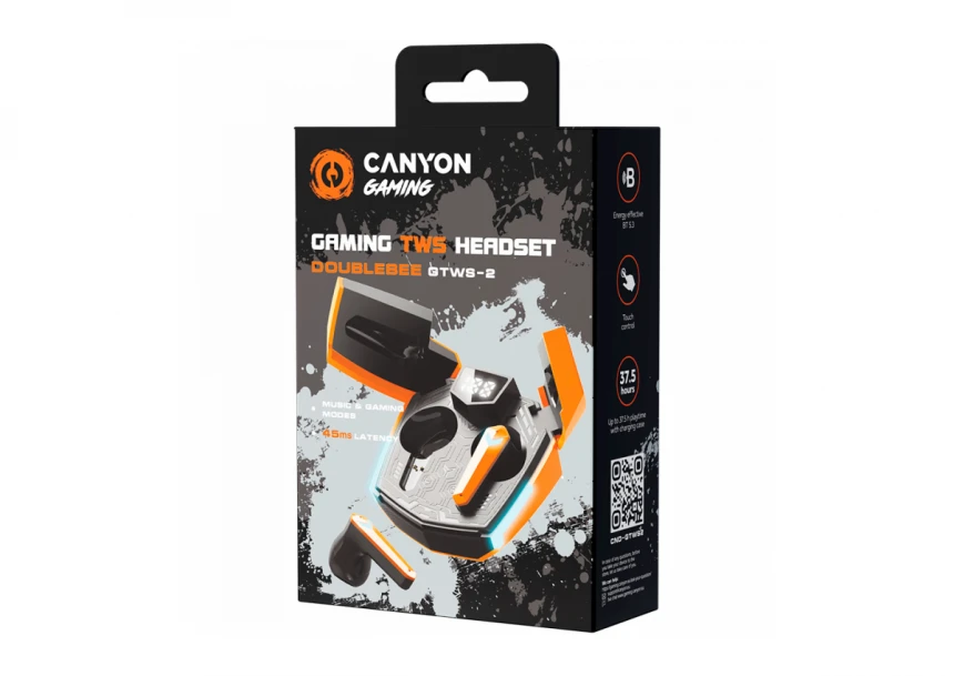 CANYON GTWS-2, Gaming True Wireless Headset, BT 5.3 stereo, 45ms low latency, 37.5 hours, USB-C, 0.046kg, orange