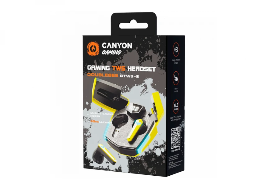 CANYON GTWS-2, Gaming True Wireless Headset, BT 5.3 stereo, 45ms low latency, 37.5 hours, USB-C, 0.046kg, yellow