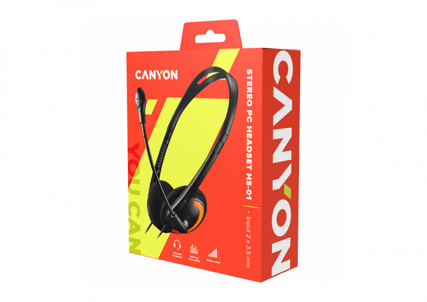 CANYON HS-01, PC headset with microphone, volume control and adjustable headband, cable length 1.8m, Black/Orange, 163*128*50mm, 0.069kg