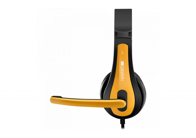 CANYON HSC-1, basic PC headset with microphone, combined 3.5mm plug, leather pads, Flat cable length 2.0m, 160*60*160mm, 0.13kg, Black-yellow