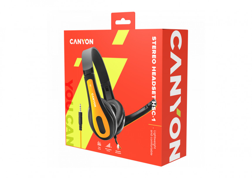 CANYON HSC-1, basic PC headset with microphone, combined 3.5mm plug, leather pads, Flat cable length 2.0m, 160*60*160mm, 0.13kg, Black-yellow