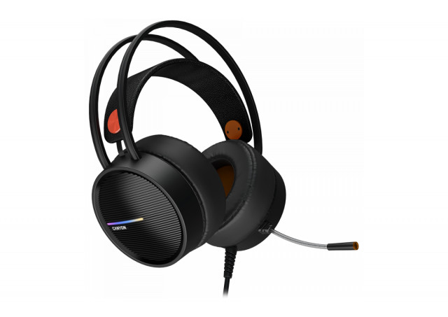 CANYON INTERCEPTOR GH-8A, Gaming headset 3.5mm jack plus USB connector for LED backlight, adjustable microphone and volume control, with 2in1 3.5mm adapter, cable 2M, Black and Orange, 0.36kg