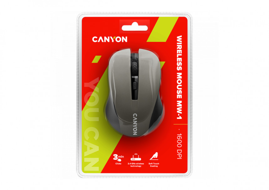 CANYON MW-1 2.4GHz wireless optical mouse with 4 buttons, DPI 800/1200/1600, Gray, 103.5*69.5*35mm, 0.06kg