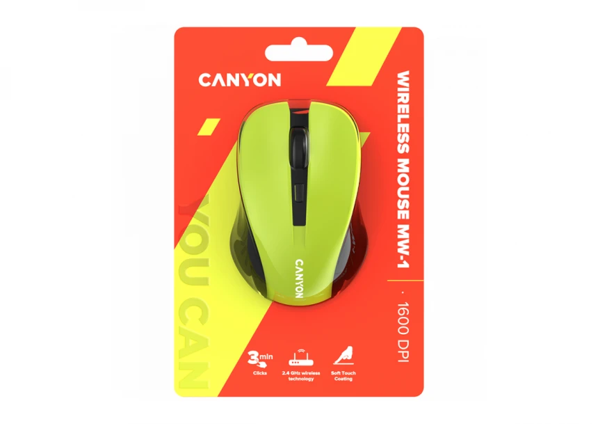 CANYON MW-1, Yellow 2.4GHz wireless optical mouse with 3 buttons, 800/1000/1200 DPI adjustable