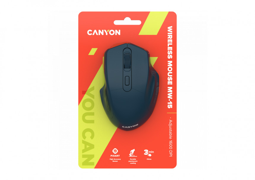 CANYON MW-15, 2.4GHz Wireless Optical Mouse with 4 buttons, DPI 800/1200/1600, Dark Blue, 115*77*38mm, 0.064kg