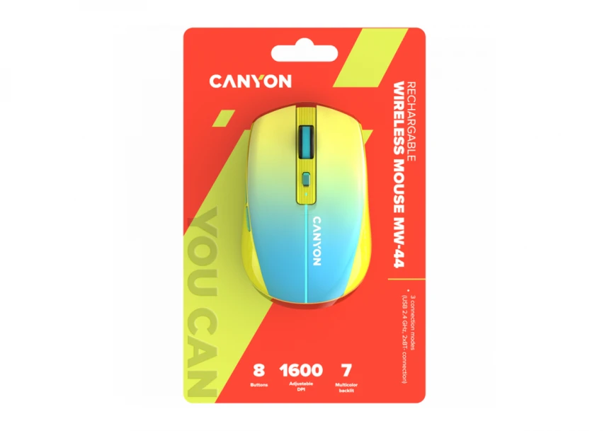 CANYON MW-44, 2 in 1 Wireless optical mouse with 8 buttons, DPI 800/1200/1600, 2 mode(BT/ 2.4GHz), 500mAh Lithium battery,7 single color LED light , Yellow-Blue(Gradient), cable length 0.8m, 102*64*35mm, 0.075kg