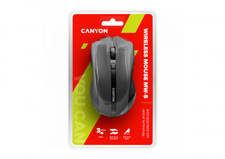 CANYON MW-5, 2.4GHz wireless Optical Mouse with 4 buttons, DPI 800/1200/1600, Black, 122*69*40mm, 0.067kg