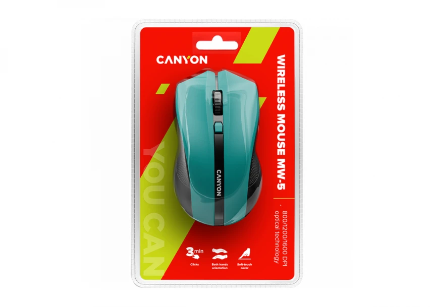 CANYON MW-5, 2.4GHz wireless Optical Mouse with 4 buttons, DPI 800/1200/1600, Green, 122*69*40mm, 0.067kg