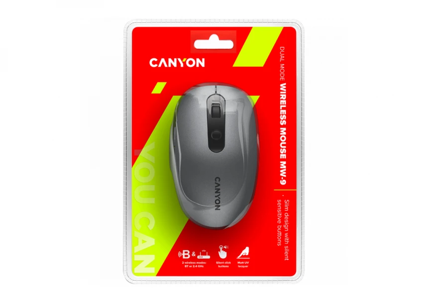 CANYON MW-9, 2 in 1 Wireless optical mouse with 6 buttons, DPI 800/1000/1200/1500, 2 mode(BT/ 2.4GHz), Battery AA*1pcs, Grey, 65.4*112.25*32.3mm, 0.092kg