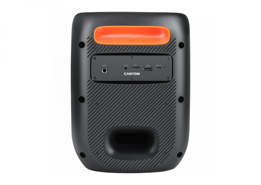 CANYON OnFun 5, Partybox speaker,Spec: speaker drivers: 6.5''+1.5'tweeter Power Output : 40W Lithium Battery : 7.4v 3600mAh Function : AUX+TF+MIC+BT+USB+DSP+EQ+ehco+. Color: Black body,orange handle.