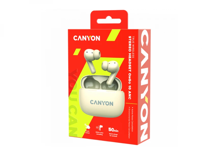 CANYON OnGo TWS-10 ANC+ENC, Bluetooth Headset, microphone, BT v5.3 BT8922F, Frequence Response:20Hz-20kHz, battery Earbud 40mAh*2+Charging case 500mAH, type-C cable length 24cm,size 63.97*47.47*26.5mm 42.5g, Beige