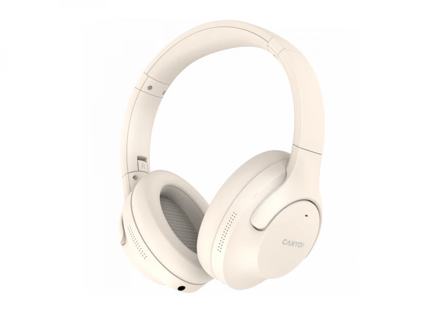CANYON OnRiff 10, Canyon Bluetooth headset,with microphone,with Active Noise Cancellation function, BT V5.3 AC7006, battery 300mAh, Type-C charging plug, PU material, size:175*200*84mm, charging cable 80cm and audio cable 150cm, Beige, weight:253g