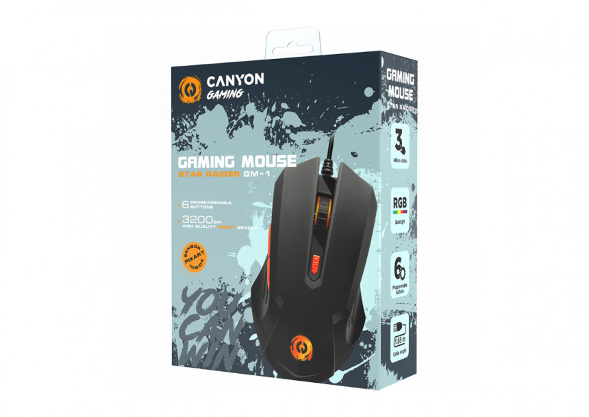 CANYON Star Raider GM-1, Optical Gaming Mouse with 6 programmable buttons, Pixart optical sensor, 4 levels of DPI and up to 3200, 3 million times key life, 1.65m PVC USB cable,rubber coating surface and colorful RGB lights, size:125*75*38mm, 115g