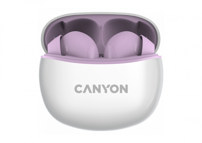 Canyon TWS-5 Bluetooth headset, with microphone, BT V5.3 JL 6983D4, Frequence Response:20Hz-20kHz, battery EarBud 40mAh*2+Charging Case 500mAh, type-C cable length 0.24m, size: 58.5*52.91*25.5mm, 0.036kg, Purple