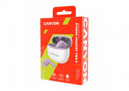 Canyon TWS-5 Bluetooth headset, with microphone, BT V5.3 JL 6983D4, Frequence Response:20Hz-20kHz, battery EarBud 40mAh*2+Charging Case 500mAh, type-C cable length 0.24m, size: 58.5*52.91*25.5mm, 0.036kg, Purple