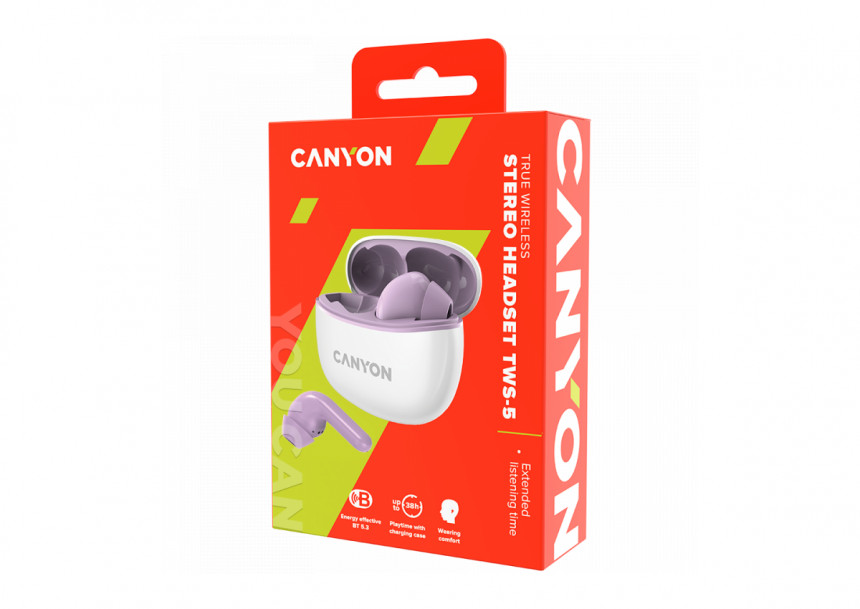 Canyon TWS-5 Bluetooth headset, with microphone, BT V5.3 JL 6983D4, Frequence Response:20Hz-20kHz, battery EarBud 40mAh*2+Charging Case 500mAh, type-C cable length 0.24m, size: 58.5*52.91*25.5mm, 0.036kg, Purple