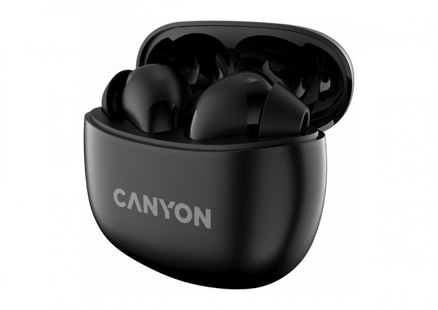 CANYON TWS-5, Bluetooth headset, with microphone, BT V5.3 JL 6983D4, Frequence Response:20Hz-20kHz, battery EarBud 40mAh*2+Charging Case 500mAh, type-C cable length 0.24m, size: 58.5*52.91*25.5mm, 0.036kg, Black