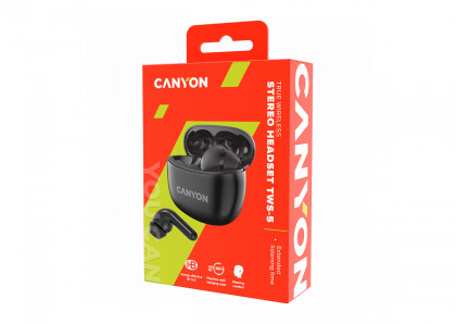 CANYON TWS-5, Bluetooth headset, with microphone, BT V5.3 JL 6983D4, Frequence Response:20Hz-20kHz, battery EarBud 40mAh*2+Charging Case 500mAh, type-C cable length 0.24m, size: 58.5*52.91*25.5mm, 0.036kg, Black