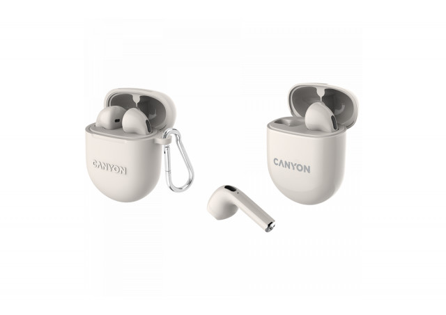 CANYON TWS-6, Bluetooth headset, with microphone, BT V5.3 JL 6976D4, Frequence Response:20Hz-20kHz, battery EarBud 30mAh*2+Charging Case 400mAh, type-C cable length 0.24m, Size: 64*48*26mm, 0.040kg, Beige