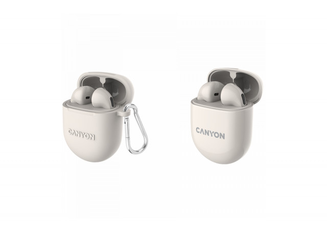 CANYON TWS-6, Bluetooth headset, with microphone, BT V5.3 JL 6976D4, Frequence Response:20Hz-20kHz, battery EarBud 30mAh*2+Charging Case 400mAh, type-C cable length 0.24m, Size: 64*48*26mm, 0.040kg, Beige