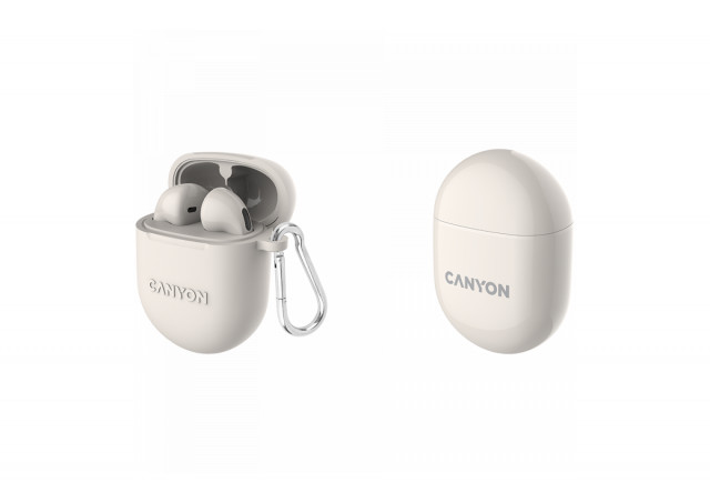 CANYON TWS-6, Bluetooth headset, with microphone, BT V5.3 JL 6976D4, Frequence Response:20Hz-20kHz, battery EarBud 30mAh*2+Charging Case 400mAh, type-C cable length 0.24m, Size: 64*48*26mm, 0.040kg, Beige