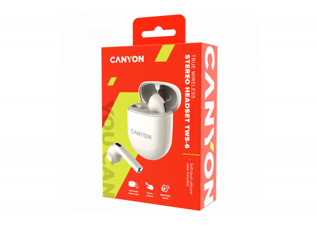 CANYON TWS-6, Bluetooth headset, with microphone, BT V5.3 JL 6976D4, Frequence Response:20Hz-20kHz, battery EarBud 30mAh*2+Charging Case 400mAh, type-C cable length 0.24m, Size: 64*48*26mm, 0.040kg, Beige