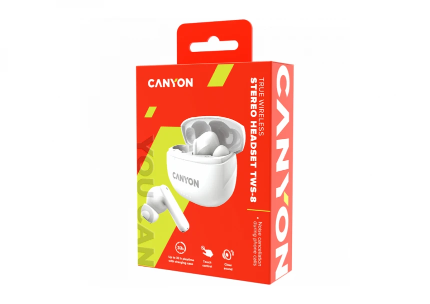 CANYON TWS-8, Bluetooth headset, with microphone, with ENC, BT V5.3 BT V5.3 JL 6976D4, Frequence Response:20Hz-20kHz, battery EarBud 40mAh*2+Charging Case 470mAh, type-C cable length 0.24m, Size: 59*48.8*25.5mm, 0.041kg, white