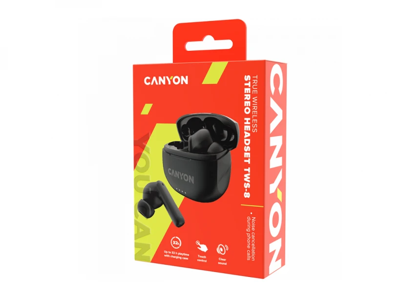 CANYON TWS-8, Bluetooth headset, with microphone, with ENC, BT V5.3 JL 6976D4, Frequence Response:20Hz-20kHz, battery EarBud 40mAh*2+Charging Case 470mAh, type-C cable length 0.24m, Size: 59*48.8*25.5mm, 0.041kg, Black