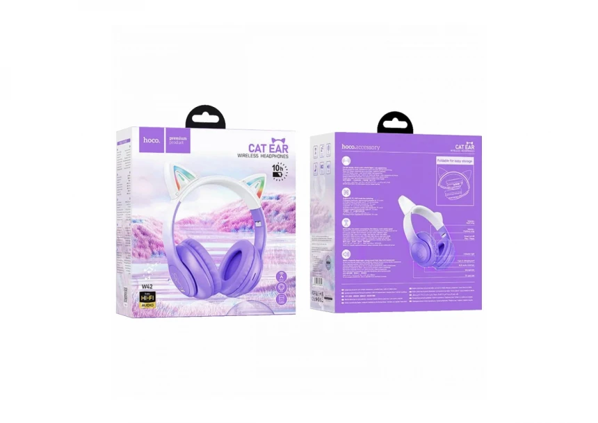 hoco. Bežične stereo slušalice, Bluetooth v5.3, 400mAh - W42 Cat Ears, Purple Grape