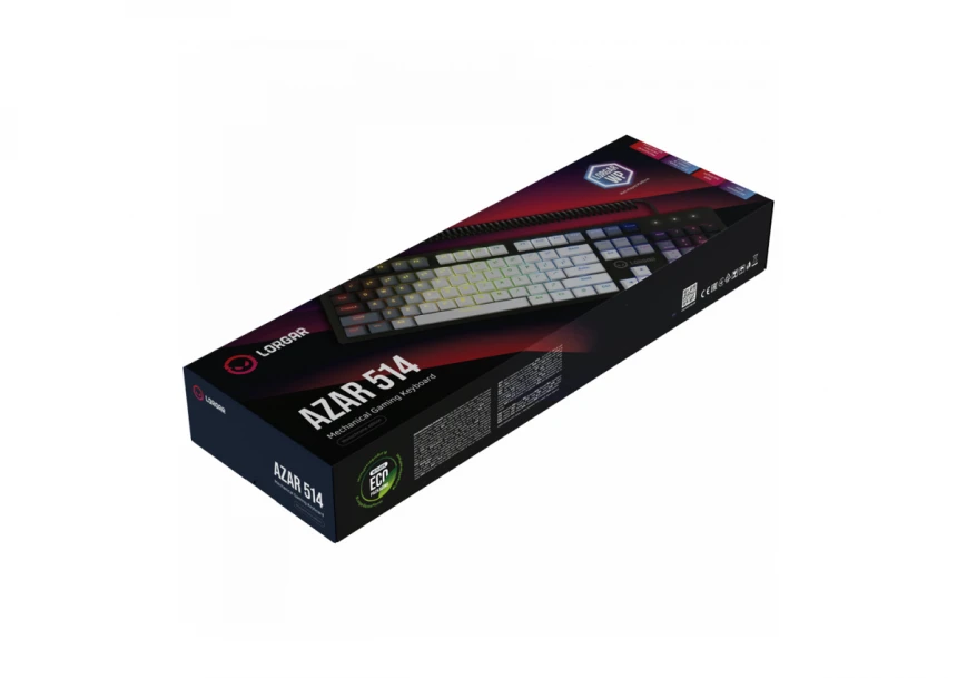 LORGAR Azar 514, Wired mechanical gaming keyboard, RGB backlight, 1680000 colour variations, 18 modes, keys number: 104, 50M clicks, linear dream switches, spring cable up to 3.4m, ABS plastic+metal, magnetic cover, 450*136*39mm, 1.17kg, white, EN layout