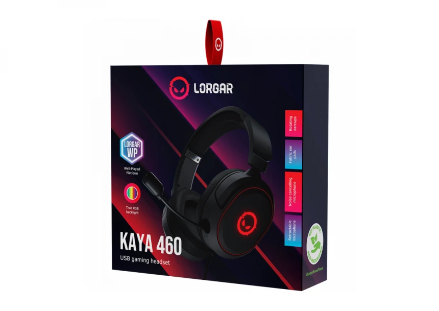 LORGAR Kaya 460, USB Gaming headset with microphone, CM108B, RGB backlight, Plug&Play, USB-A connection cable 2m, fabric ear pads, size: 192*184.7*88mm, 0.329kg, black