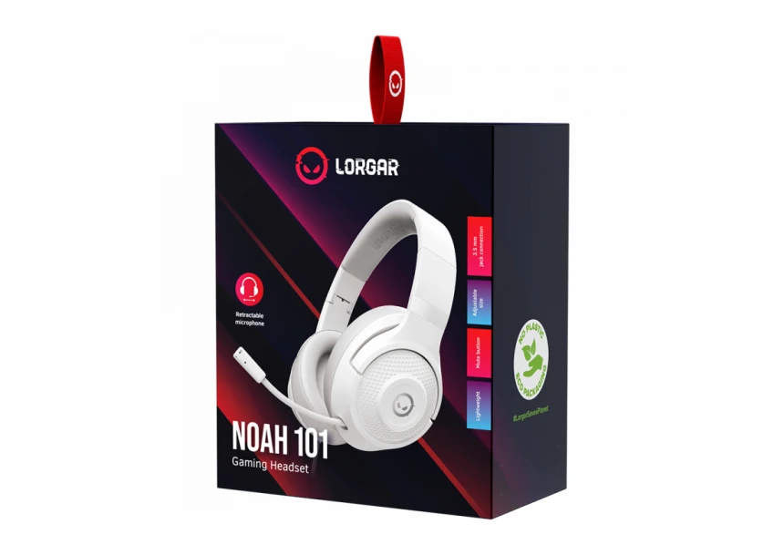 LORGAR Noah 101, Gaming headset with microphone, 3.5mm jack connection, cable length 2m, foldable design, PU leather ear pads, size: 185*195*80mm, 0.245kg, white