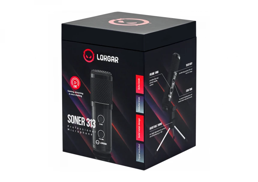 LORGAR Soner 313, Gaming Microphone, USB condenser microphone with Volume Knob & Echo Knob, Frequency Response: 80 Hz—17 kHz, including 1x Microphone, 1 x 2.5M USB Cable, 1 x Tripod Stand, dimensions: Ø47.4*158.2*48.1mm, weight: 243.0g, Black