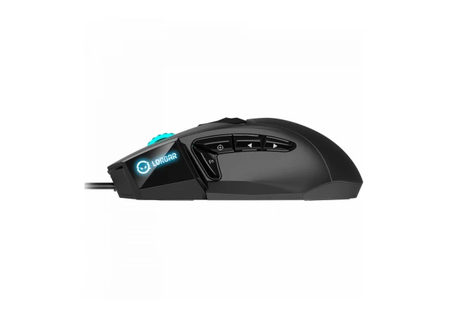 LORGAR Stricter 579, gaming mouse, 9 programmable buttons, Pixart PMW3336 sensor, DPI up to 12 000, 50 million clicks buttons lifespan, 2 switches, built-in display, 1.8m USB soft silicone cable, Matt UV coating with glossy parts and RGB lights with 4 LED flowing modes, size: 131*72*41mm, 0.127kg, black