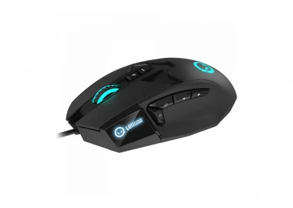 LORGAR Stricter 579, gaming mouse, 9 programmable buttons, Pixart PMW3336 sensor, DPI up to 12 000, 50 million clicks buttons lifespan, 2 switches, built-in display, 1.8m USB soft silicone cable, Matt UV coating with glossy parts and RGB lights with 4 LED flowing modes, size: 131*72*41mm, 0.127kg, black