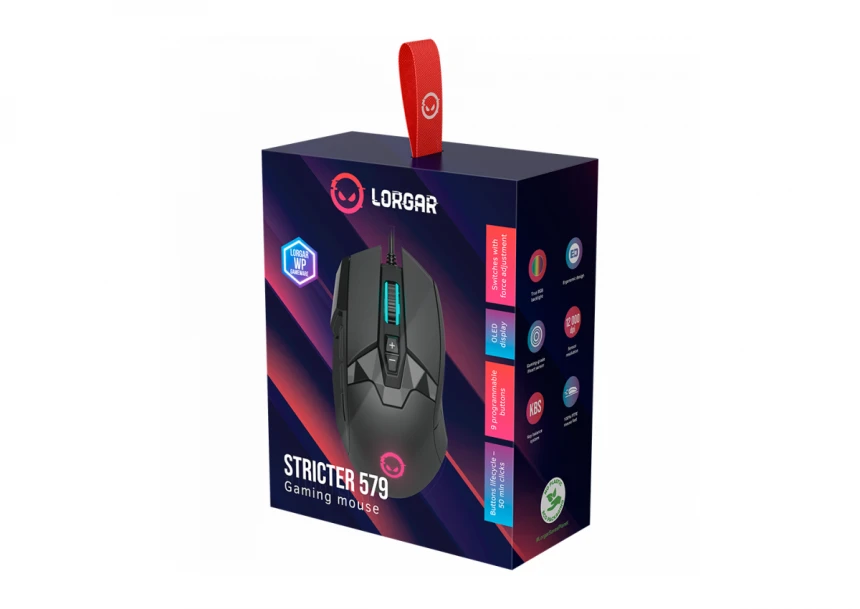 LORGAR Stricter 579, gaming mouse, 9 programmable buttons, Pixart PMW3336 sensor, DPI up to 12 000, 50 million clicks buttons lifespan, 2 switches, built-in display, 1.8m USB soft silicone cable, Matt UV coating with glossy parts and RGB lights with 4 LED flowing modes, size: 131*72*41mm, 0.127kg, black