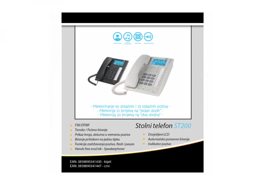 MeanIT Analogni telefon, stoni, LCD ekran, bela - ST200 White