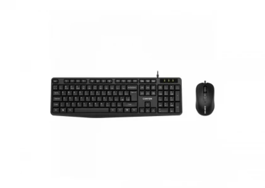 CANYON USB standard KB,  104 keys, water resistant AD layout bundle with optical 3D wired mice 1000DPI,USB2.0, Black, cable length 1.5m(KB)/1.5m(MS), 443*145*24mm(KB)/115.3*63.5*36.5mm(MS), 0.44kg